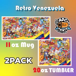 May include: A two-pack set of mugs and tumblers featuring a colourful collage of Venezuelan snacks and candies. The mugs are 11 ounces and the tumblers are 20 ounces. The design includes the text "Retro Venezuela" and a logo for "ADC Prints".