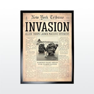 OKŁADKI GAZET: Inwazja na D-Day. Znane historie informacyjne przerobione na okładki gazet w stylu vintage. Najwyższej jakości wydruki artystyczne