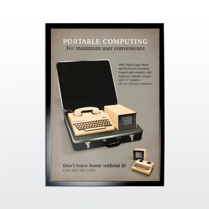 Afiche publicitario vintage: ordenadores portátiles. Impresión artística de estilo retro de los años 80 (SIN MARCO)