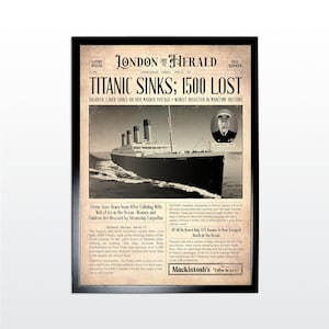 OKŁADKI GAZET: Titanic tonie. Znane newsy przerobione na pierwsze strony gazet w stylu vintage. Najwyższej jakości wydruki artystyczne