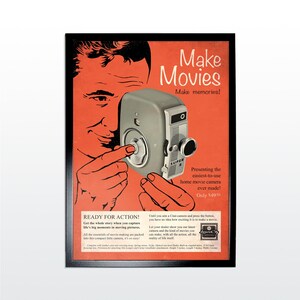 Afiche publicitario vintage: cámara de cine Super 8. Impresión artística de estilo retro de los años 50 (SIN MARCO)