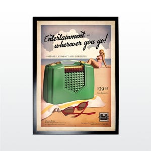 Afiche publicitario vintage: radio portátil. Impresión artística de estilo retro de los años 60 (SIN MARCO)