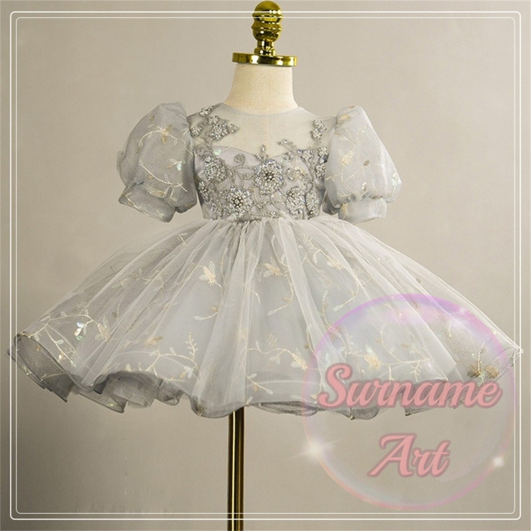 2024 Gray Flower Girl Dress Luxurious Embroidered Floral Dress Beaded