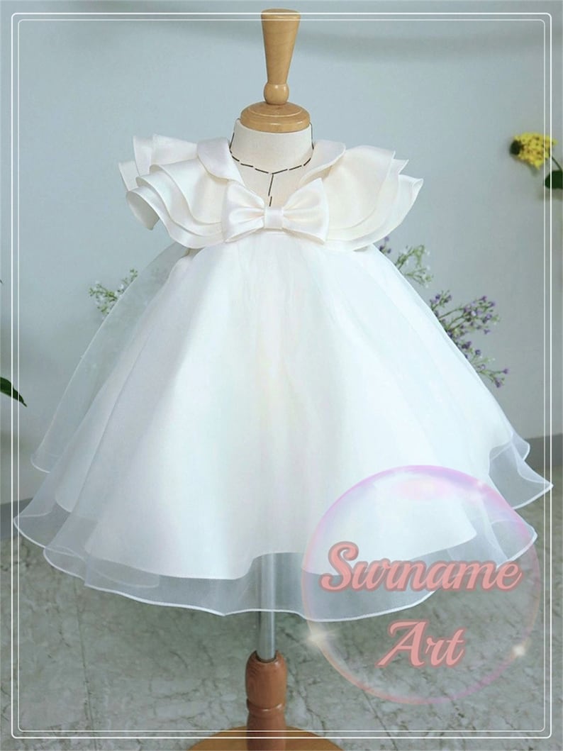 2024 White Satin Tulle Baby Dress Wedding Puffy Dress With Bow Flower