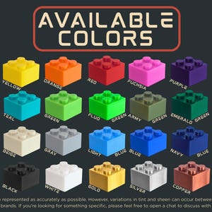 K&ouml;nnte beinhalten: Bild mit einer Auswahl an farbigen Bausteinen. Die Steine sind in verschiedenen Farben erh&auml;ltlich, darunter Gelb, Orange, Rot, Fuchsia, Lila, T&uuml;rkis, Gr&uuml;n, Beige, Grau, Hellblau, Marineblau, Schwarz, Wei&szlig;, Gold, Silber und Kupfer. Der Text oben lautet "VERF&Uuml;GBARE FARBEN."