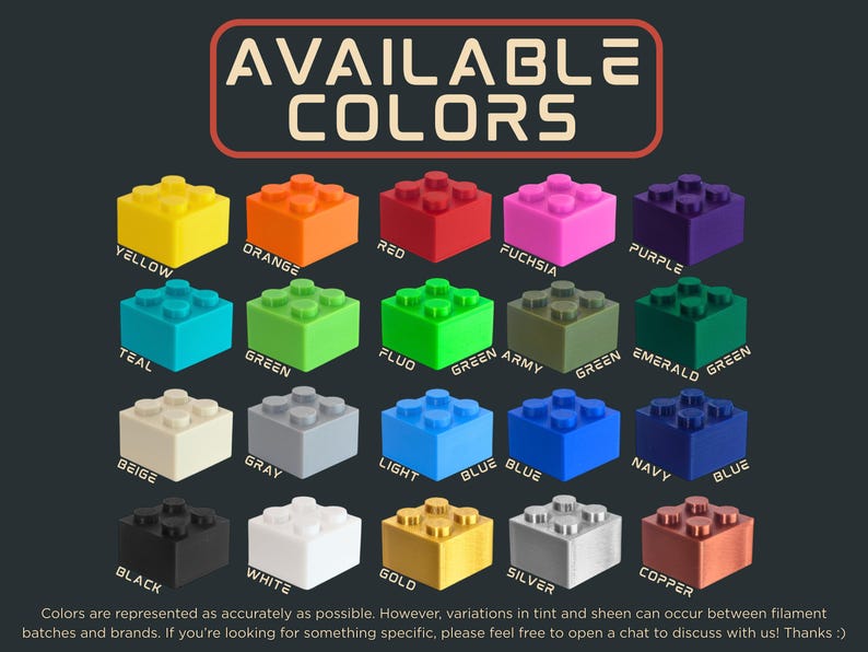 K&ouml;nnte beinhalten: Bild mit einer Auswahl an farbigen Bausteinen. Die Steine sind in verschiedenen Farben erh&auml;ltlich, darunter Gelb, Orange, Rot, Fuchsia, Lila, T&uuml;rkis, Gr&uuml;n, Beige, Grau, Hellblau, Marineblau, Schwarz, Wei&szlig;, Gold, Silber und Kupfer. Der Text oben lautet "VERF&Uuml;GBARE FARBEN."