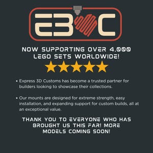 May include: Dark gray graphic with the text "E3C" in a red and white rectangular design. The text "NOW SUPPORTING OVER 4,000 LEGO SETS WORLDWIDE!" is displayed above five gold stars. Additional text describes the product's features.