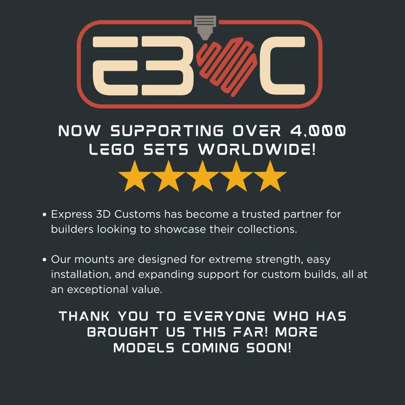 May include: Dark gray graphic with the text "E3C" in a red and white rectangular design. The text "NOW SUPPORTING OVER 4,000 LEGO SETS WORLDWIDE!" is displayed above five gold stars. Additional text describes the product's features.
