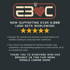 May include: A dark gray graphic featuring the E3C logo with a red heart icon, five yellow stars, and text stating: NOW SUPPORTING OVER 6,000 LEGO SETS WORLDWIDE! Express 3D Customs has become a trusted partner for builders. THANK YOU TO EVERYONE!