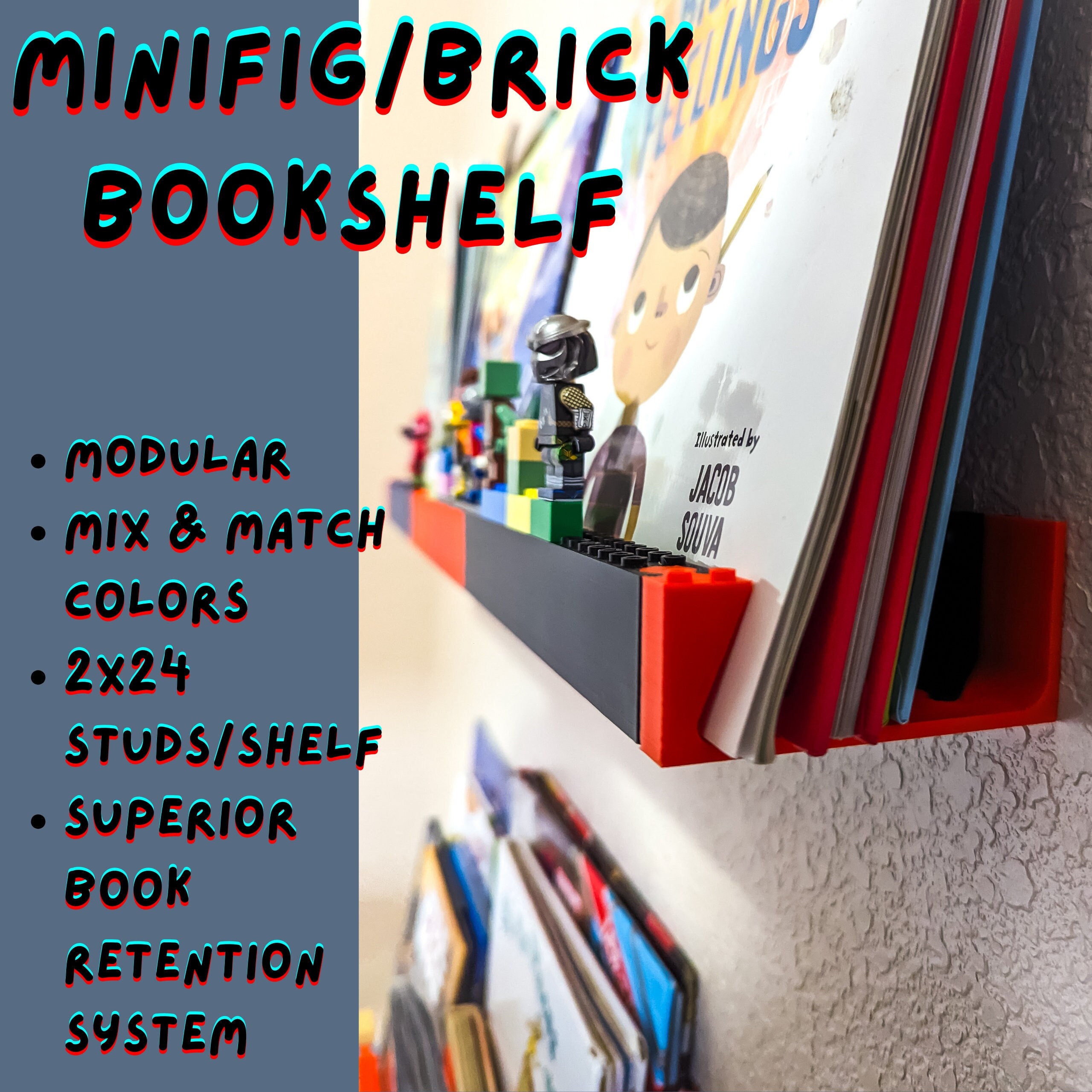 LEGO Compatible Bookshelf (Modular, multi-color, 2x24 stud per shelf, mix and match)