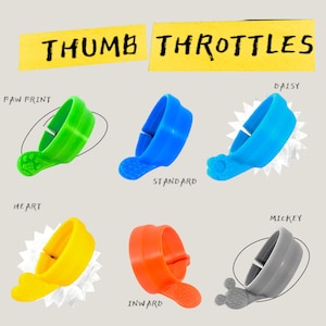 May include: Assortment of colorful thumb throttles with different designs, including paw print, standard, daisy, heart, inward, and mickey.  Thumb throttles are a type of bicycle accessory.