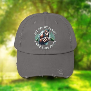 Bigfoot hat, Sasquatch hat, trending now, lightworker hat, starseed hat, cool bigfoot, Unisex Distressed Cap image 1
