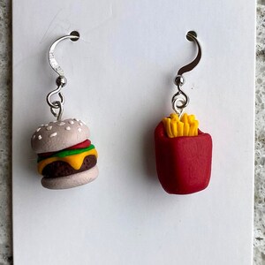 Tiny cheeseburger and french fry polymer clay earring set