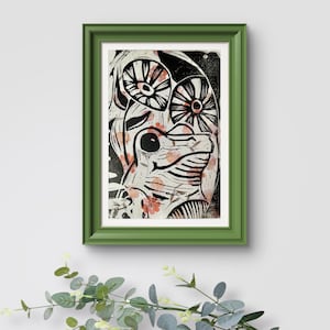Frog Linocut Mini Print: Handmade Relief Print, Happy Art