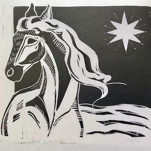 Stampa originale in rilievo in linoleum, "Bel Cavallo" / Stampa artistica in linoleum / Stampa a blocchi di cavalli selvaggi / Stampa artistica fatta a mano / Regalo per gli amanti dei cavalli