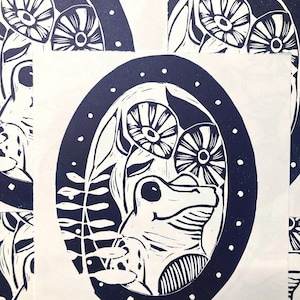 Frog Linocut Print: Handmade Woodland Cottagecore Art