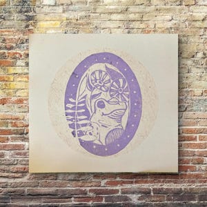 Lilac Frog Linocut Print: Handmade Stamp Art, 10x10&quot;