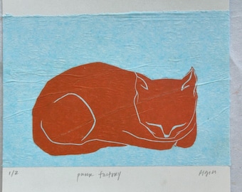 Sleepy Cat Linoprint, Chine Colle Edition