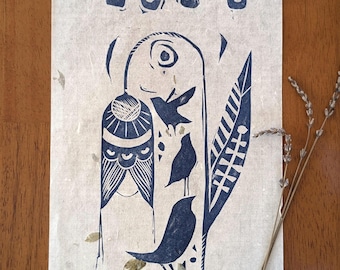 Birds Linocut Print: Whimsical Hand Printed Art