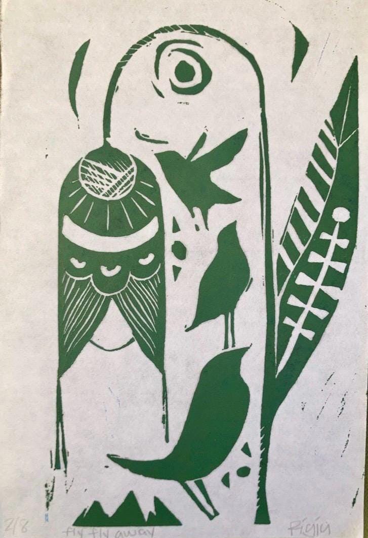 Bird Linocut Print: Handmade Relief Stamp Art on Kozo Paper