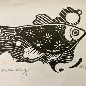 Limited Edition Linocut Relief Print | “keep swimming” Fish Linoprint | Positive Vibes Home Decor | Wildlife Block Print