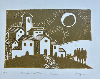 Little Village Linocut Relief Print, Landscape Block Print