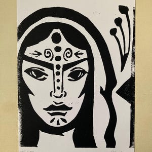 Original Linocut Portrait Print | Hand-Printed Folk Art