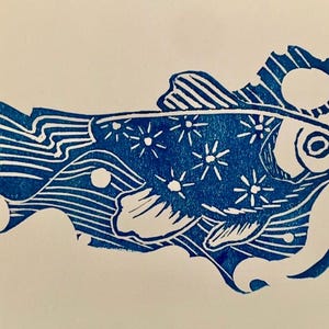 Original Fish Linoprint: &#39;Keep Swimming&#39; Block Print, 5x7&quot;