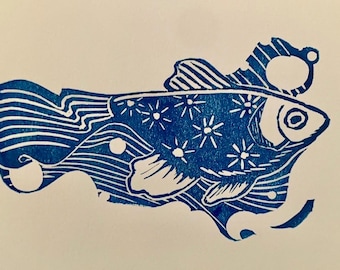 Original Fish Linoprint: &#39;Keep Swimming&#39; Block Print, 5x7&quot;