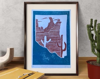 Desert Landscape Linoprint: Southwestern Home Decor
