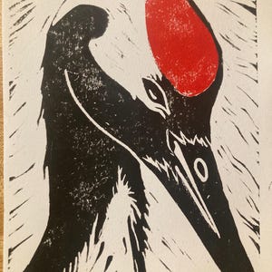 Red-Crowned Crane Linoprint: Handmade Japanese Bird Art