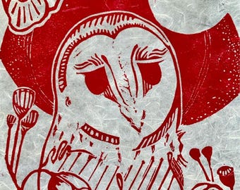Crimson Red Barn Owl Linocut Print | Hand Carved Relief Art (8.5x11.5” Mulberry Paper)