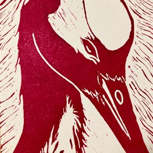 Red-Crowned Crane Linocut Print: Hand-Carved Bird Art