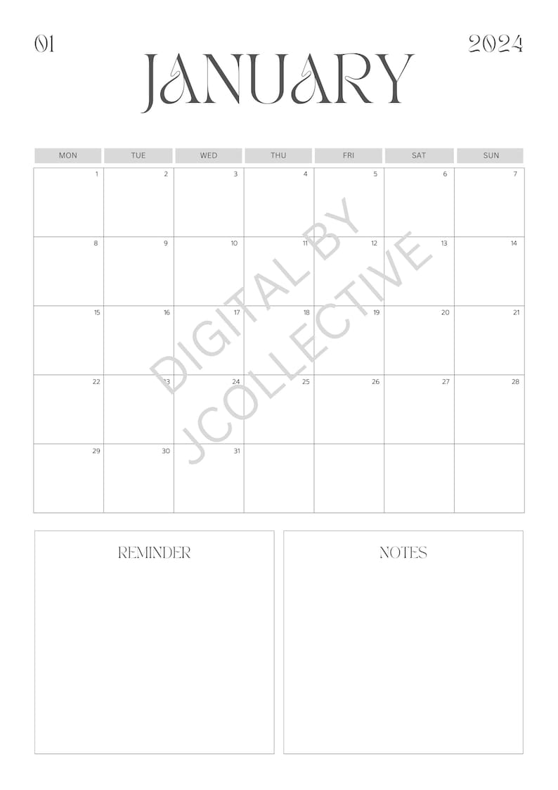2024 Calendar Monday Start Etsy