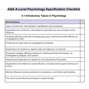 Specification Checklist for Paper 1, 2 and 3 AQA A-Level Psychology