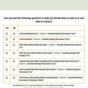 Puede incluir: Una guía imprimible para ordenar con el texto "KEEP, GROW, OR GO?" y un gráfico de libélula. La guía plantea preguntas para ayudar a decidir qué conservar o liberar, como "¿Es sentimental para mí?" y "¿Es funcional?"