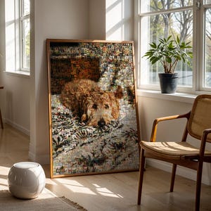 Golden Retriever pet remembrance frame alternative displayed in cozy home decor, highlighting a unique and custom dog mosaic tribute.