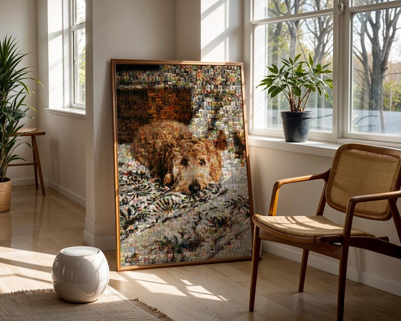 Golden Retriever pet remembrance frame alternative displayed in cozy home decor, highlighting a unique and custom dog mosaic tribute.