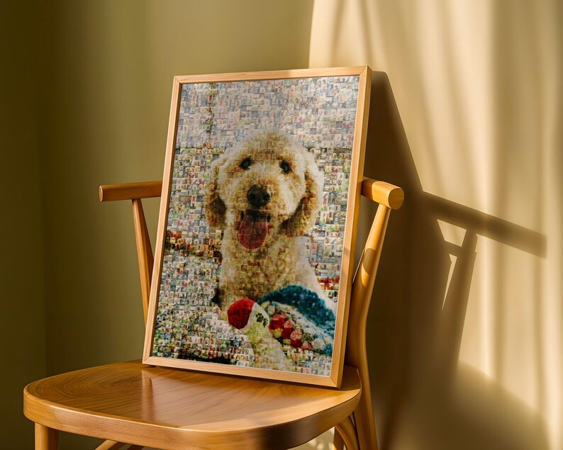Golden Doodle pet remembrance frame alternative featuring a bright custom photo mosaic. Personalized dog memorial artwork, framed on a wooden chair with natural light for a warm and heartfelt tribute.