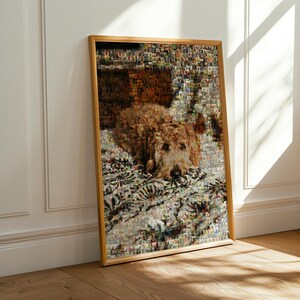 Golden Doodle memorial photo mosaic created as a personalized pet remembrance gift, capturing cherished puppy memories in custom wall art.