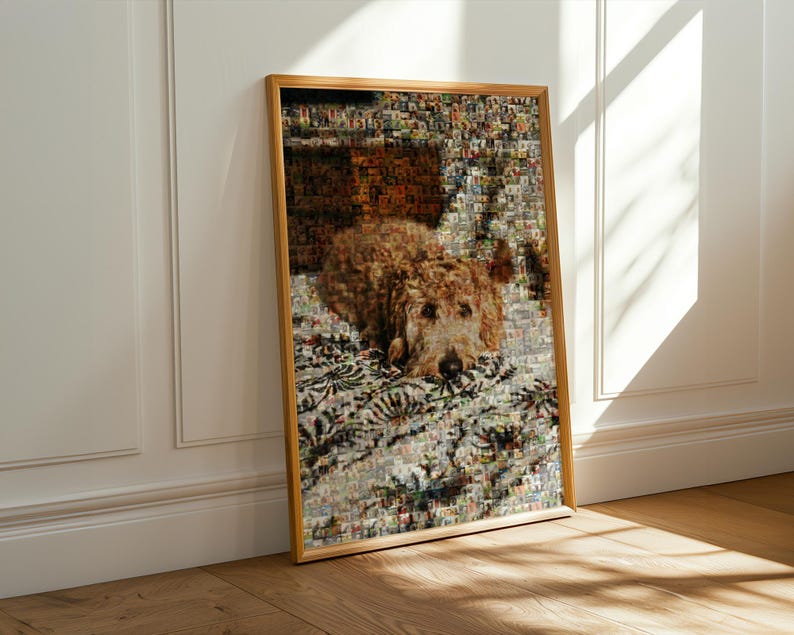Golden Doodle memorial photo mosaic created as a personalized pet remembrance gift, capturing cherished puppy memories in custom wall art.