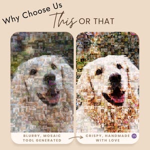 A comparison of two photo mosaics of a dog: one labeled "Blurry Mosaic Tool Generated" and the other labeled "Crispy Handmade with Love," great for nursery room decor.