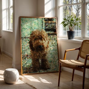 Detailed close-up of a custom pet remembrance mosaic, featuring Goldendoodle and Labradoodle puppy photos for memorial keepsake artwork.