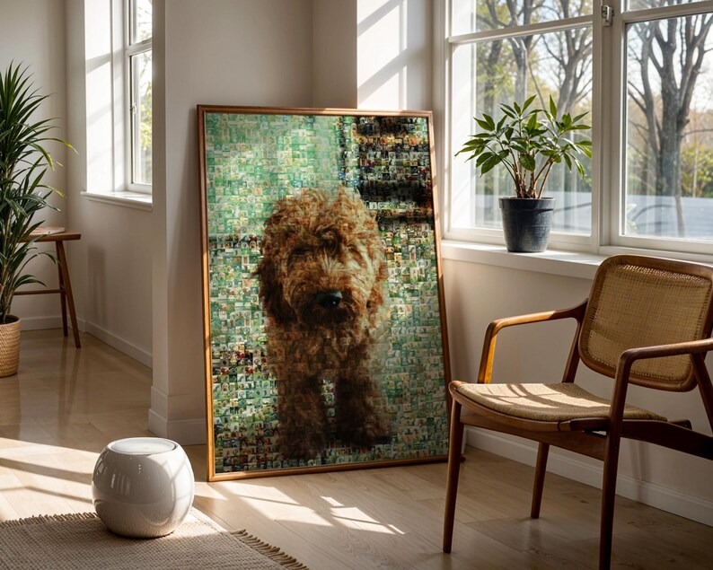 Detailed close-up of a custom pet remembrance mosaic, featuring Goldendoodle and Labradoodle puppy photos for memorial keepsake artwork.