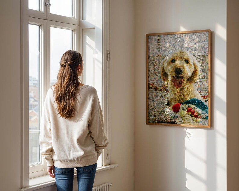 Goldendoodle memorial photo mosaic wall art, crafted as a custom pet remembrance keepsake and golden doodle puppy tribute gift.