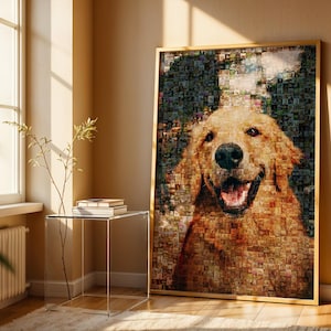 Golden Retriever pet remembrance frame alternative featuring a heartwarming photo mosaic. Custom dog portrait artwork for memorializing beloved pets. Unique and elegant tribute to Golden Retrievers and other dog breeds, ideal for cozy home decor.