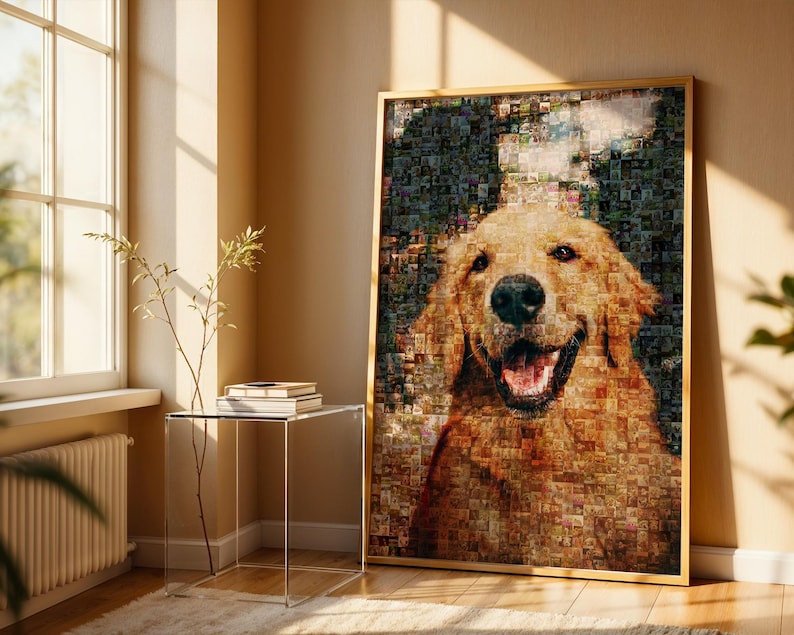 Golden Retriever pet remembrance frame alternative featuring a heartwarming photo mosaic. Custom dog portrait artwork for memorializing beloved pets. Unique and elegant tribute to Golden Retrievers and other dog breeds, ideal for cozy home decor.