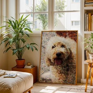 Golden Doodle pet remembrance frame alternative created with custom photo mosaic technique, offering a personalized dog memorial artwork.