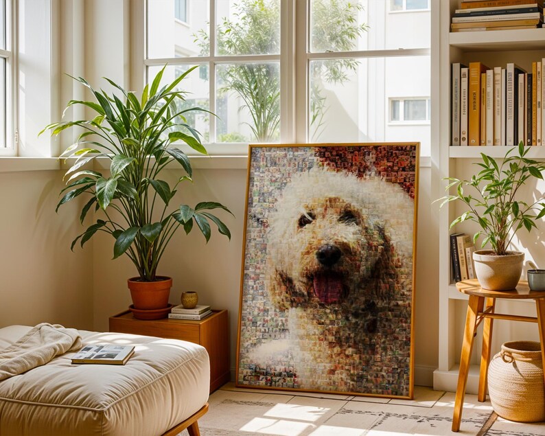 Golden Doodle pet remembrance frame alternative created with custom photo mosaic technique, offering a personalized dog memorial artwork.