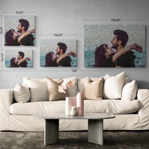 A stylish living room showcasing three different framed photo mosaics above a couch, perfect for kids room decoration or nursery room decor.